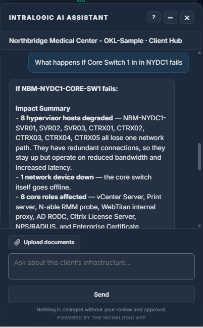 IntraLogic AI assistant answering an infrastructure question