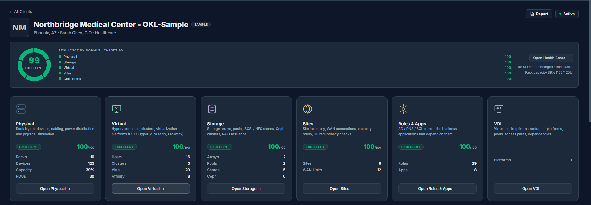 IntraLogic client hub with resilience donut and module cards